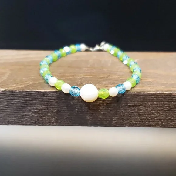 6 Inch 925 Sterling Silver Colorful Crystals And Real Pearls Bracelet - Picture 2 of 6